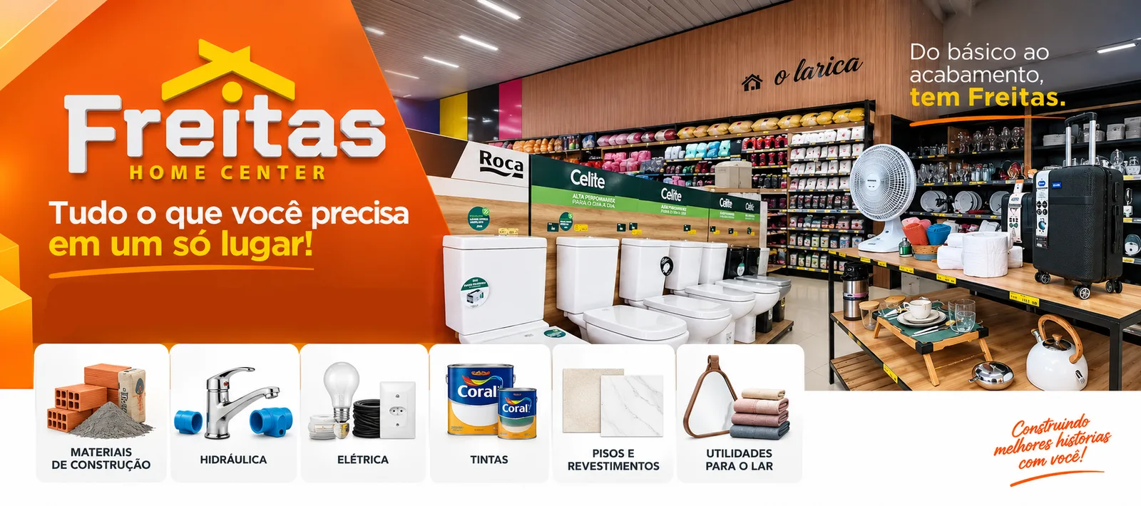 Interior da Freitas Home Center com louças, utilidades e os departamentos de materiais de construção, hidráulica, elétrica, tintas, pisos e utilidades para o lar